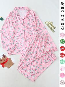 【Christmas Pajamas】Two-Piece Matching Set Women's Bow Print Button Front Lapel Shirt & Pants Pyjama, Casual Comfy Long Sleeve Collared Pocket Top & Trousers Pj Set, Women's Sleepwear for Fall