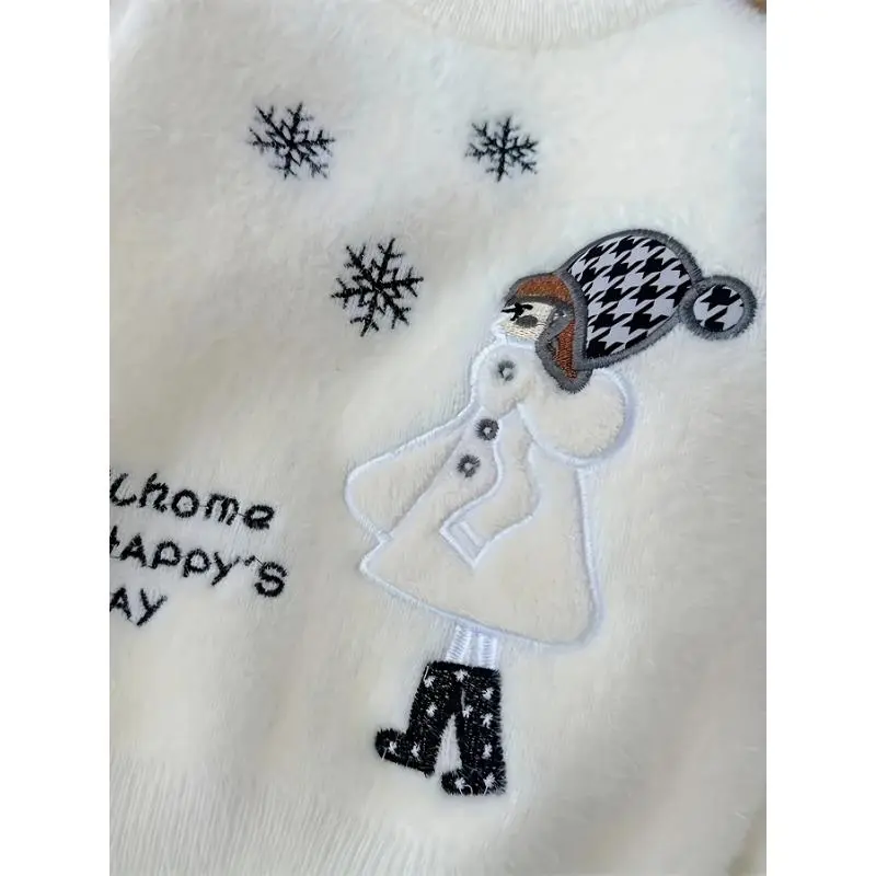Girls' Imitation Mink Plush Sweater - High Neck Floral Print Pullover with Snowflake Design & "None So Happy’s Day" Text, Cozy Winter Knit Top for Youngsters, Hand Wash Only, Sweaters for Girls, Youngsters's Winter Wear,Soft Texture Fabric 7