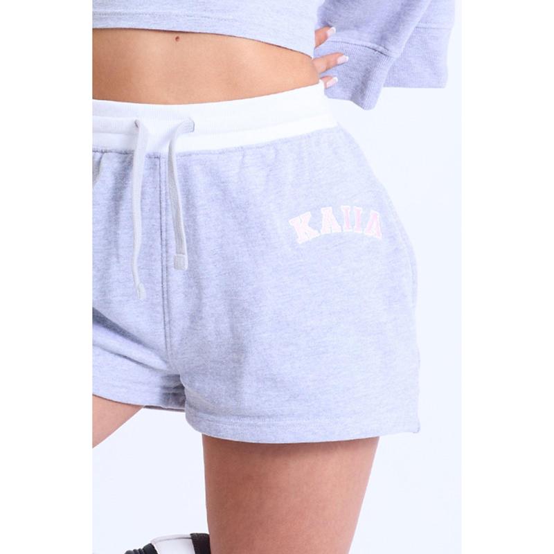 Kaiia Contrast Waistband Sweat Shorts Grey Marl & Pink 1