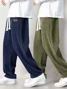 Men's Letter Patched Drawstring Waist Corduroy Pants, Casual Comfy Straight Leg Trousers for Fall & Winter, Men's Bottoms for Daily Wear