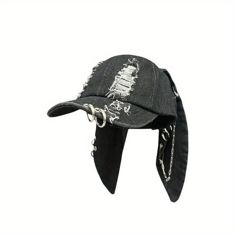 Women's Dark Punk Distressed Denim Cat Ear Baseball Cap with Iron Ring Detail - Adjustable Black Trucker Hat for Edgy Style, Fashion Accessory | Metal Ring Detailing | Denim Construction 1