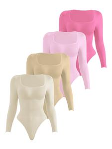 Women's Solid Square Neck Long Sleeve Shapewear Bodysuit, High Stretch Tummy Control Butt Lift Shaper, Ladies Shapewear for All Seasons