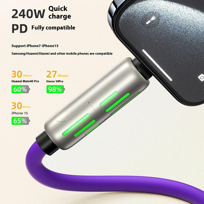 240W Data Cable Four-in-One Colorful Breathing Light Fast Charge Universal Phone Car Multifunction Type-C Charging Cable 3