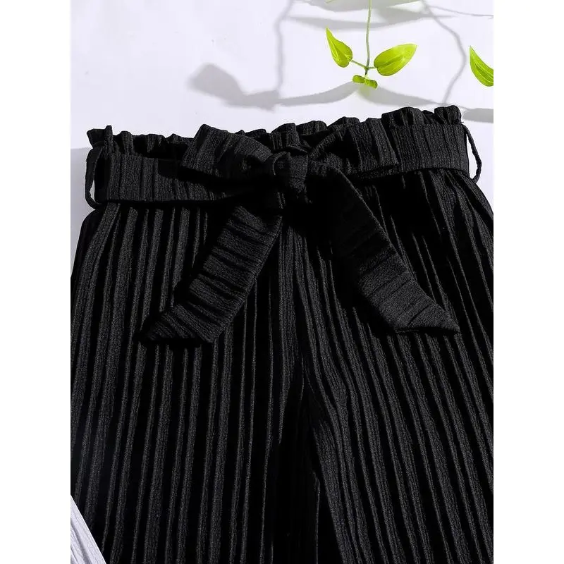 Girl's Solid Textured Belted Wide Leg Pants, Casual Fashion Comfy Frill Trim Trousers for Fall & Winter, Kids Bottoms for Daily Wear 2