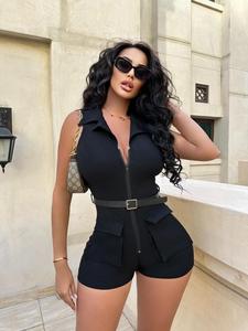 Women's Solid Sleeveless Zipper Romper with Belt, Minimalist Fashion Casual Slim Lapel Neckline Pocket Romper for Daily Outdoor Wear, Women Rompers for Summer