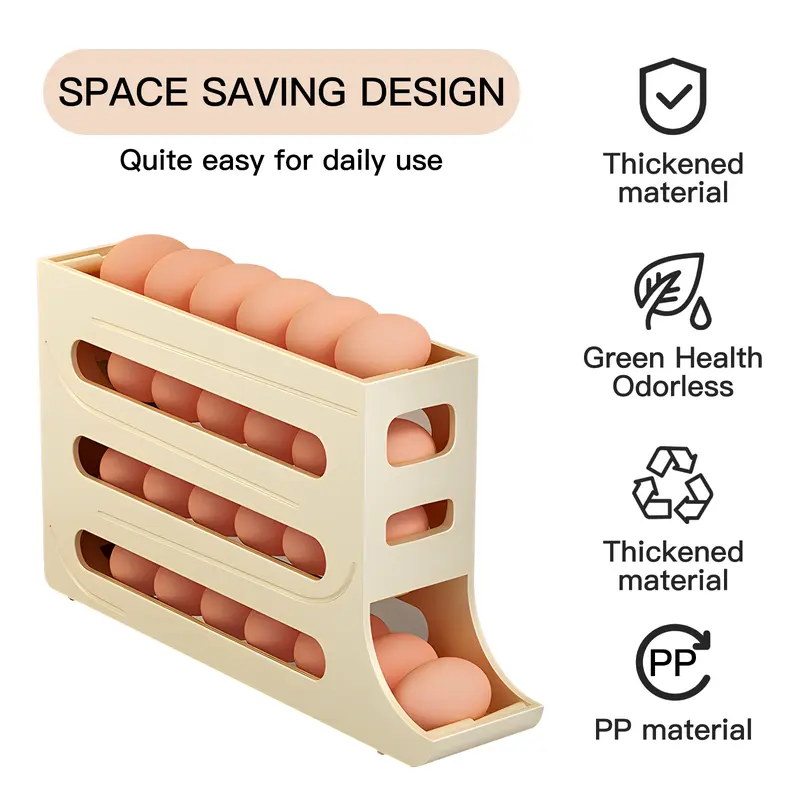4-Tiers Auto Rolling Egg Dispenser, Space-Saving Egg Holder for Fridge and Countertop, Durable Plastic Kitchen Egg Organizer 0