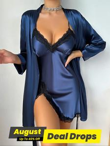 Women's Solid Faux Silk Longsleeves Belted Satin Robe & Contrast Lace Cami Nightdress Pyjama Set, Basic Minimalist Lady Fitted Elegant Comfy Fabric Pj Set, Lace Trim Nightgown Everyday, Loungewear, Nightwear