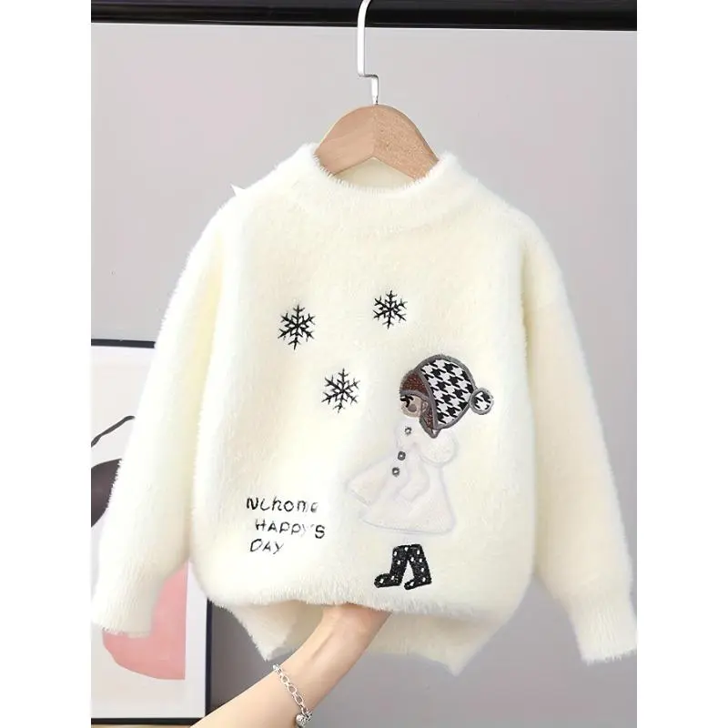 Girls' Imitation Mink Plush Sweater - High Neck Floral Print Pullover with Snowflake Design & "None So Happy’s Day" Text, Cozy Winter Knit Top for Youngsters, Hand Wash Only, Sweaters for Girls, Youngsters's Winter Wear,Soft Texture Fabric 0