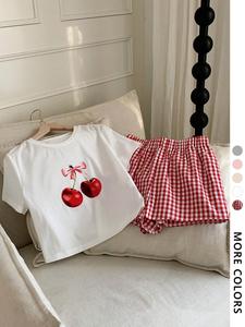 Women's Cherry Print Crop Shortsleeve Tee & Plaid Print Shorts Two-piece Set, Casual Fruit Print Short Sleeve T-shirt & Gingham Print Shorts, Ladies Clothes for All Seasons, Womenswear, Casual Matching Set