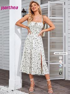 Parthea Women's Floral Print Ruched Split Thigh Dress, Elegant Sleeveless Midi Dress for Summer, Ladies Clothes for Beach Holiday