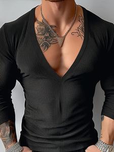 Men T Shirts Solid Color Knitted V Neck Long Sleeve Streetwear Casual T-Shirts