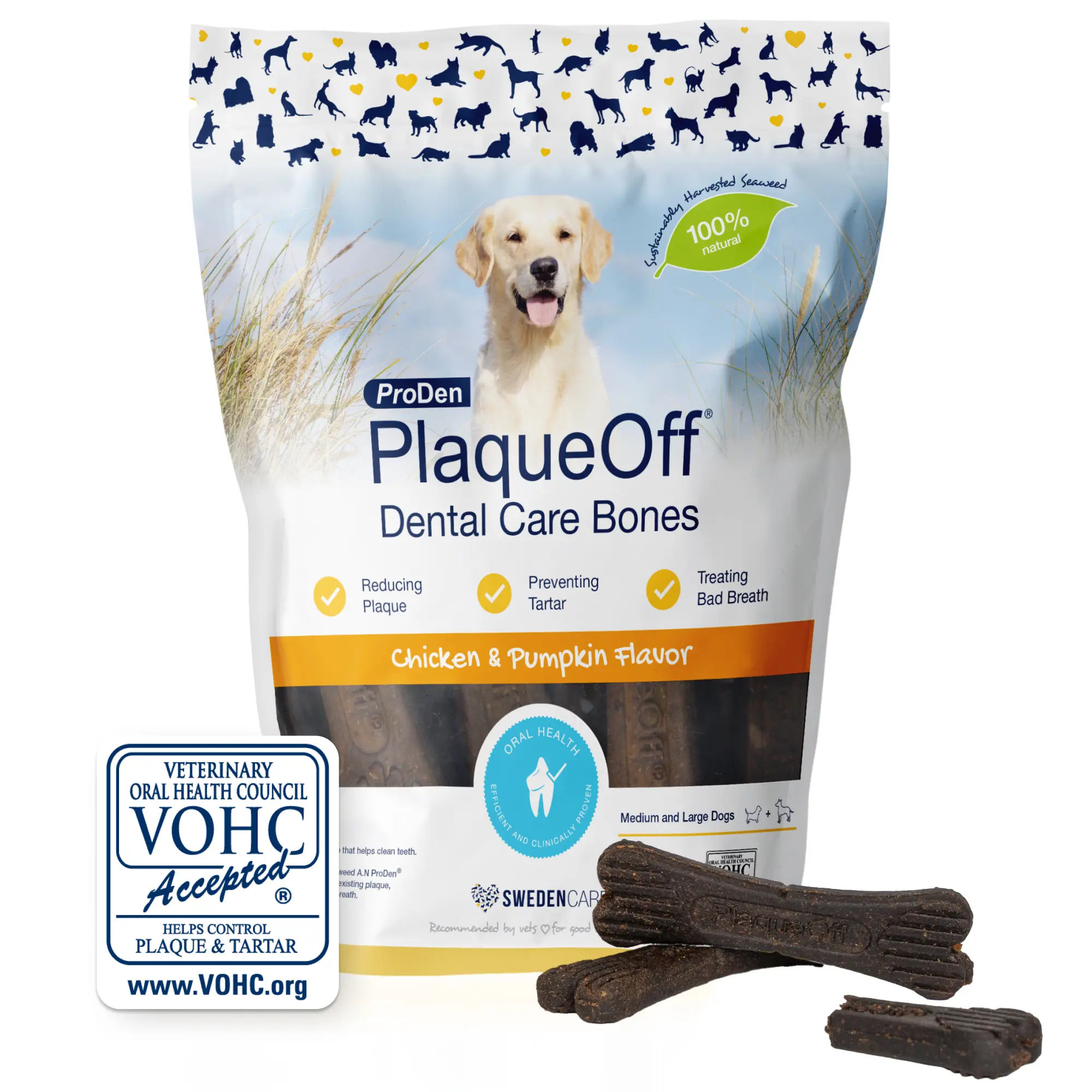 ProDen PlaqueOff 13 Dental Bones for Medium & Large Dogs (Chicken & Pumpkin) – Clinically Proven by the VOHC to Reduce Tartar, Plaque, and Bad Breath.