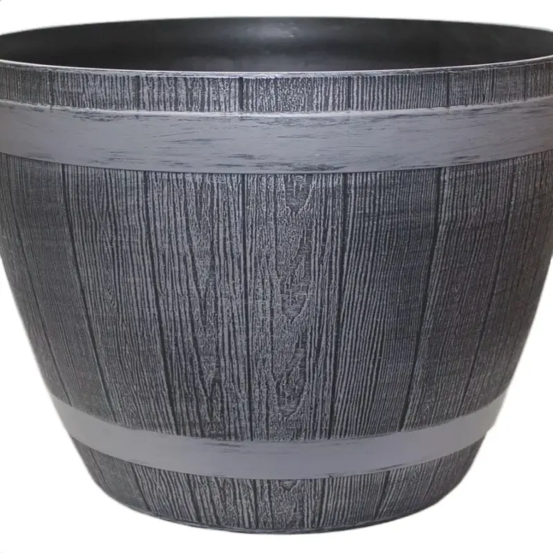 Grey Wooden Barrel Planter for Outdoor Garden - Round Plastic Pot for Flower and Tree 2