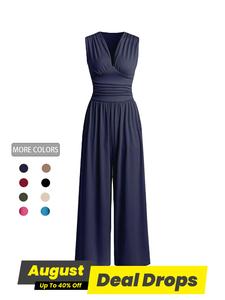 Women's Plain Ruched Deep V Neck Ribbed Jumpsuit, Minimalist Basic Elegant Sleeveless Wide Leg Jumpsuit for Summer, Ladies Clothes for Beach Holiday Vacation, Casual Minimalist Jumpsuit, Casual Comfy Jumpsuit