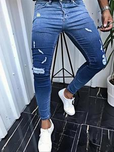 Men's Ripped Button Pocket Jeans, Casual Comfy Denim Pants for Daily Wear, Fashion Men's Bottoms for All Seasons, Cotton