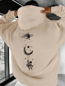 Men's Cartoon Astronaut & Planets Print Drop Shoulder Hoodie, Fashion Casual Drawstring Pocket Hooded Sweatshirt for Daily Holiday Outdoor Wear, Men Clothes for Fall & Winter