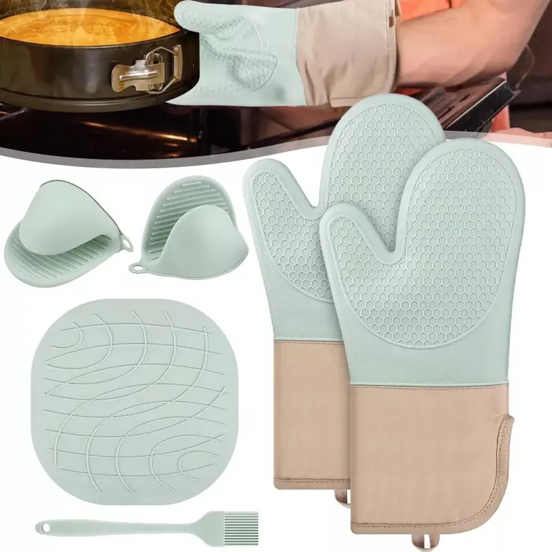 Heat Resistant Silicone Oven Gloves and Pot Mats Set for Cooking and Baking - Bakeware Kitchen Waterproof 0