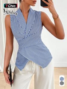 Women's Striped Print Blouse, Elegant Casual V Neck Sleeveless Top for Summer, Ladies Clothes for Daily Wear