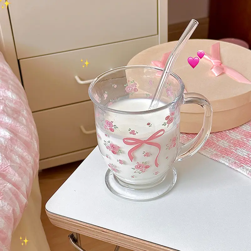 Kawaii Bowknot Glass Cups Tumbler Aesthetic Cute korean Flower Mugs For Ice Coffee Juice Beer Milk Tea Glasses Cup Bowl For Girl Drinkware Bottles