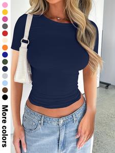 Women's Plain Round Neck Tee, Casual Short Sleeve Crew Neck T-Shirt for Summer, Solid Lady Fashion Women's Top for Daily Wear, Womenswear