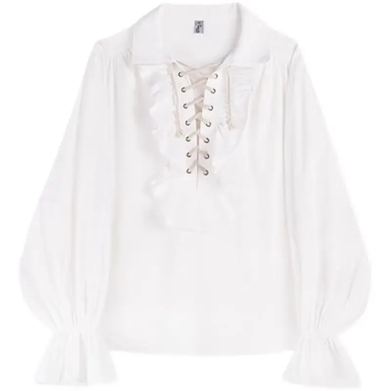 Victorian Style Women's Gothic Blouse Vintage Renaissance Pirate Prince Poet Shirt with Frills Lace-Up Medieval Buccaneer Top 8