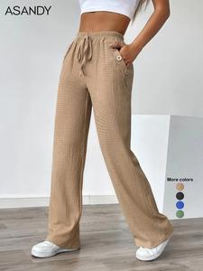 Women's Autumn Casual Faux Drawstring Texture Pocket Pants, Comfortable Long Trousers for Daily Wear, Stylish Ladies' Fashion Apparel, Womenswear, Everyday, Casual Basic Trousers