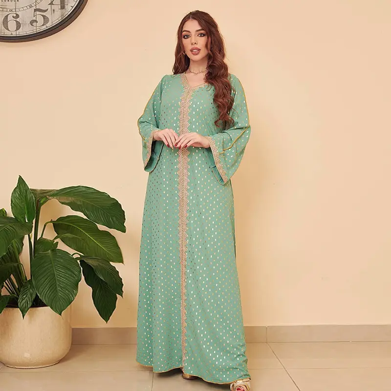 Muslim Abaya Gold Embossed Simple Lace Slim Fit Dubai Women's Dress 6