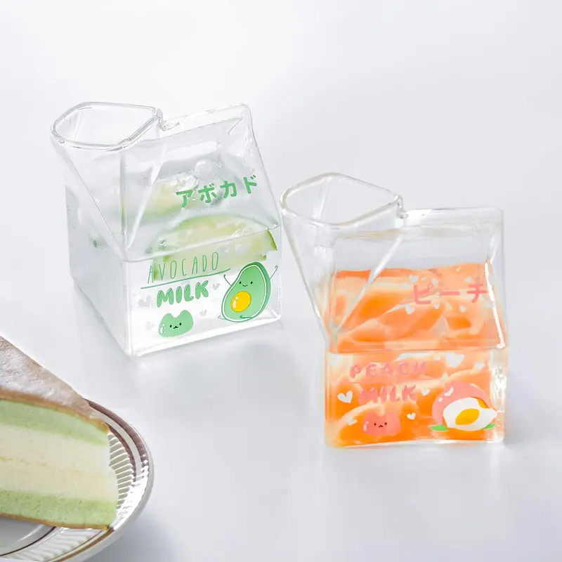 Glass Milk Carton Creamer Pitcher Cute Clear Kawaii Milk Carton Cup Mini Creamer Pitcher Container 12 Oz, 1Pcs 3