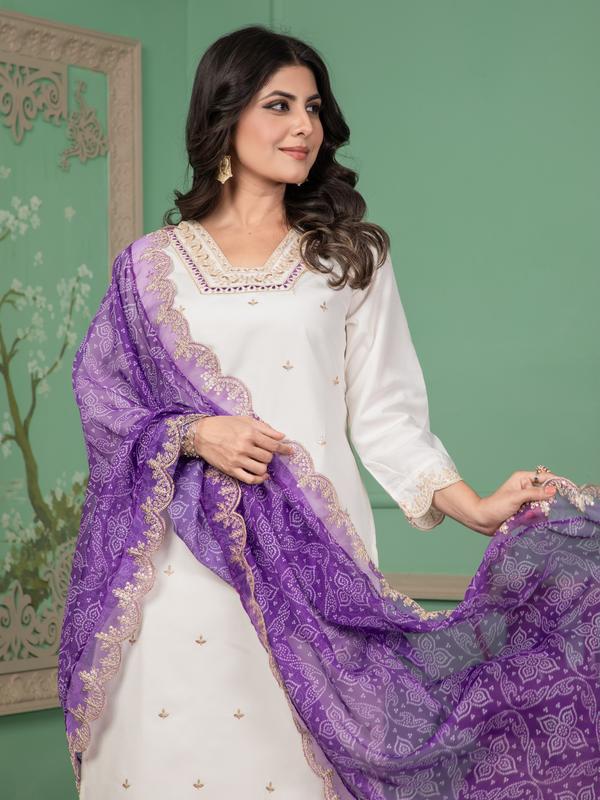 Women's Viscose Chanderi Punjabi Style Top,Bottom and Taby Silk Dupatta 4