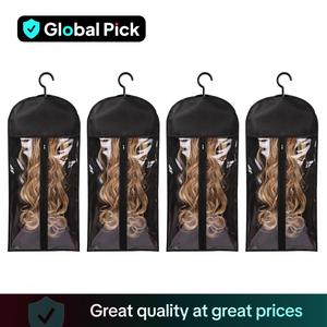 Wig Storage Bag with Hook, 4 Counts Dustproof Design Zipper Wig & Hair Extension Hanger, Durable Cover, Heatless Styling Tools for Salon & Home Use, Trending Products, Black, Reusable Plastic Cover Household Items