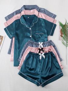 Women's Contrast Binding Satin Pyjama Set, Comfy Short Sleeve Button Up Top & Elastic Waist Shorts  Pj Set, Women's Sleepwear for All Seasons