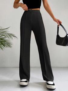 Women's Plain High Waist Straight Leg Pants, Casual Lounge Pants, Casual Comfy Zipper Button Trousers for Daily Wear, Ladies Bottoms for All Seasons