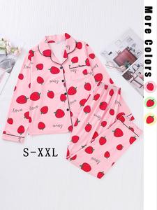 Women's 2pcs Letter Strawberry Print Pocket Button Front Long Sleeve Lapel PJ Top & Elastic Waist Pants Pyjama Loungewear Set, Wear Comfy PJ Set, Valentine's Day Gift, Women's Home Sleepwear Pajamas for Spring & Fall
