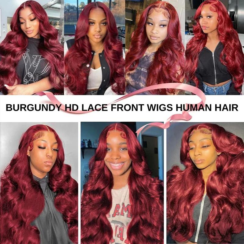 Burgundy 13x4 HD Lace Front Wigs 99J Wine Red Colored 100% Body Wave Transparent Lace Frontal Human Hair Wigs Sale Pre Plucked 5