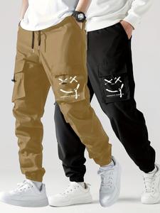 Men's Cartoon Face Print Drawstring Cargo Pants, Casual Regular Fit Pocket Trsousers, Men Cargo Pants, Men's Bottoms