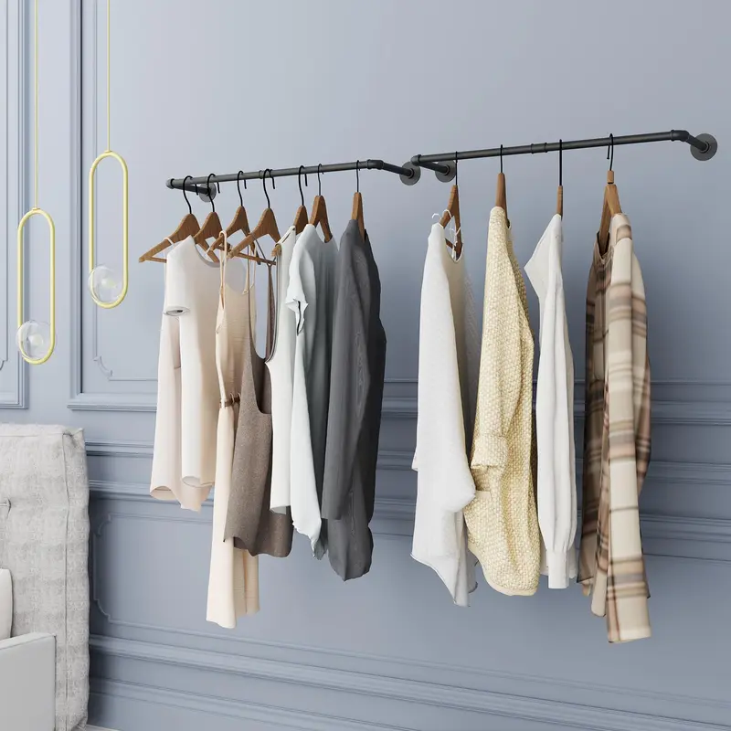 Pack of 2 Industrial Pipe Clothes Rail Rack, Wall-Mounted Garment Organizer 6