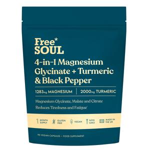 Magnesium Glycinate + Turmeric 4-in-1 Complex By Free Soul | Triple-Strength Magnesium Supplements with 1322mg Bisglycinate, Citrate, Malate & 2000mg Turmeric