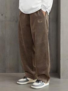 Men's Letter Patched Pocket Corduroy Pants, Loose Casual Comfy Straight Leg Trousers for Fall & Winter, Men's Bottoms for Daily Wear
