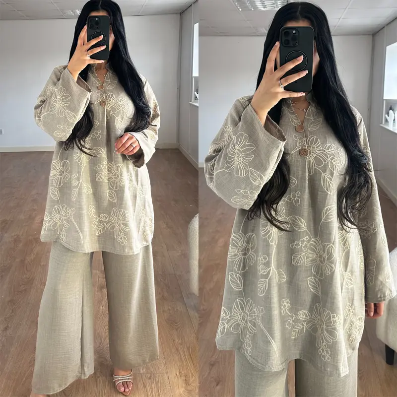 Ladies Premium Floral Embroidered Magic Button Linen Two Piece Co-Ord Set Womens Cotton Long Flare Sleeve Top Wide Leg Pants Trousers Loose Fit Summer Holiday Modest Loungewear Womenswear Overall Outfits 4