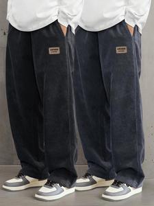 Men's Letter Patched Drawstring Waist Corduroy Pants, Casual Comfy Straight Leg Trousers for Fall & Winter, Men's Bottoms for Daily Wear