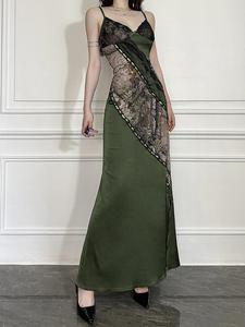 Women's Landscape Print Contrast Lace Split Hem Cami Dress, Elegant Tie Backless Long Dress for Party Evening Formal Occasions, Ladies Summer Clothes