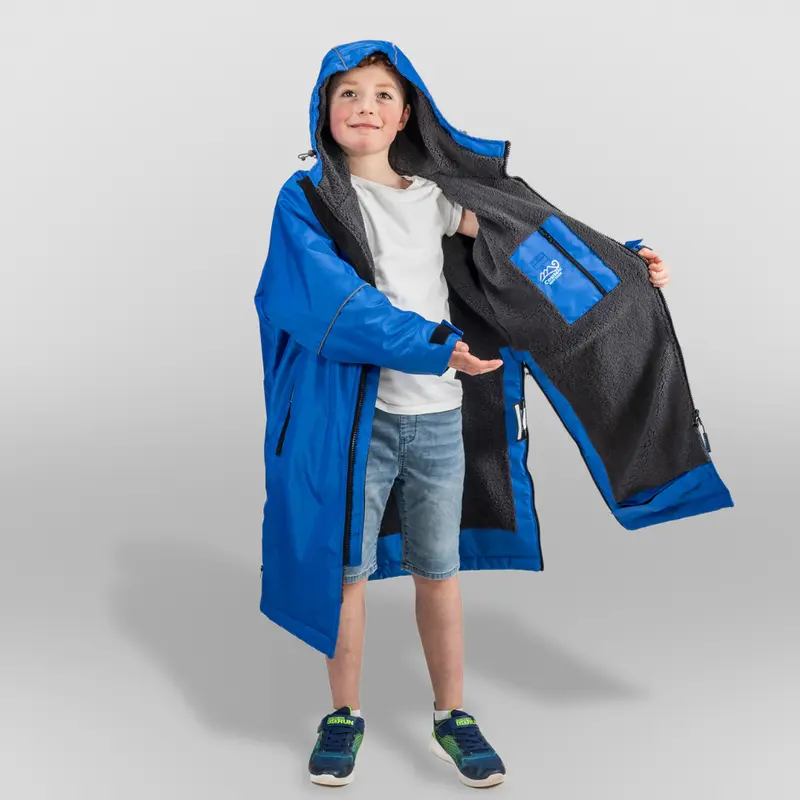 Cosimac Junior CosiRobe Flex - Blue with Grey Fleece - Super Warm Waterproof Outdoor Changing Robe for Sea Swimming Outwear Comfort Kids Coat Horse Riding Equestrian 2