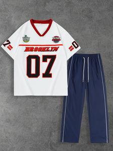 Men's Letter & Number Print Short Sleeve Tee & Pants Two-piece Set, Loose Casual V Neck T-shirt & Trousers for Summer, Men's Clothes for Daily Wear