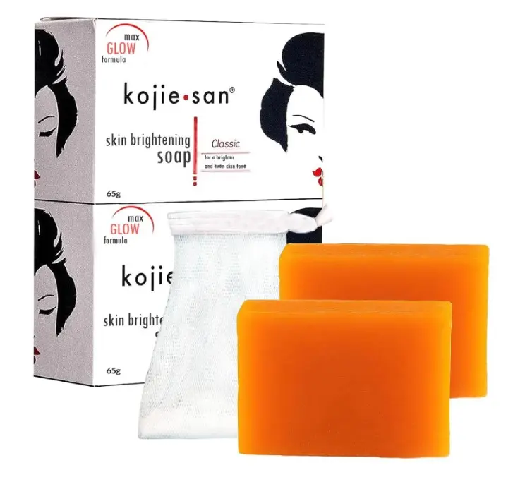 Kojie San Skin Brightening Soap - Original Kojic Acid that Reduces Dark Spots, Hyperpigmentation, & Scars with Exfoliating Soap Net Included - 65g x 2 Bars