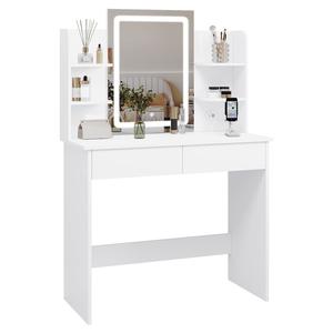 WOLTU Dressing Table with LED Lights, 3 Lighting Modes, Makeup Vanity Table with Mirror, Vanity Table with 2 Drawers and 6 Open shelves, White Dressing Table for Bedroom,Living Room, MB6112ws