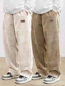 Men's Letter Label Patched Drawstring Waist Corduroy Pants, Loose Casual Comfy Straight Leg Trousers for Fall & Winter, Men's Bottoms for Daily Wear