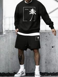 Men's Letter & Tree Print Sweatshirt & Drawstring Waist Shorts Set, Loose Casual Round Neck Long Sleeve Pullover & Shorts for Spring & Fall, Men's Two-piece Outfits for Daily Wear