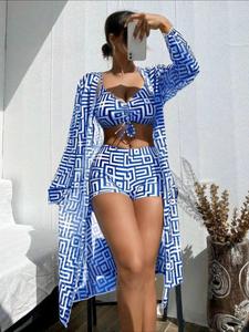 Women's Geometric Print Swimsuit Set, Casual Ruched Swim Top & Swim Shorts & Long Sleeve Open Front Cover Up Set, Ladies Bikini Set for Beach Holiday Vacation