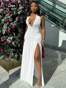 Sexy Deep V Neck Split Backless Sleeveless Halter Neck Lace-up Bodycon Slip Dress Solid Color Ruched Evening Party Club Dating Birthday Holiday Halter Strap Dress Long Dresses For Women