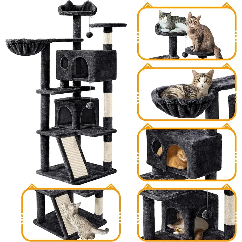 Cat Tree, 144.5cm Multilevel Cat Climbing Tower w/ 2 luxury Condos, Basket Cat Bed,3 Scratching Posts & Ladder for Indoor Cats, Black 2